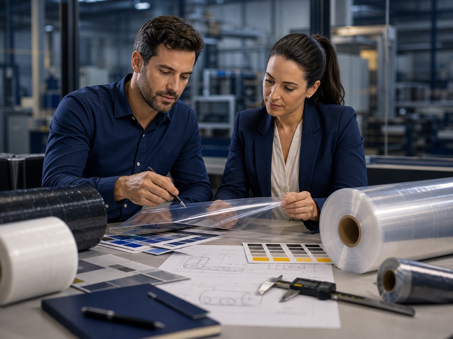Equipe técnica revisando especificações de embalagens plásticas