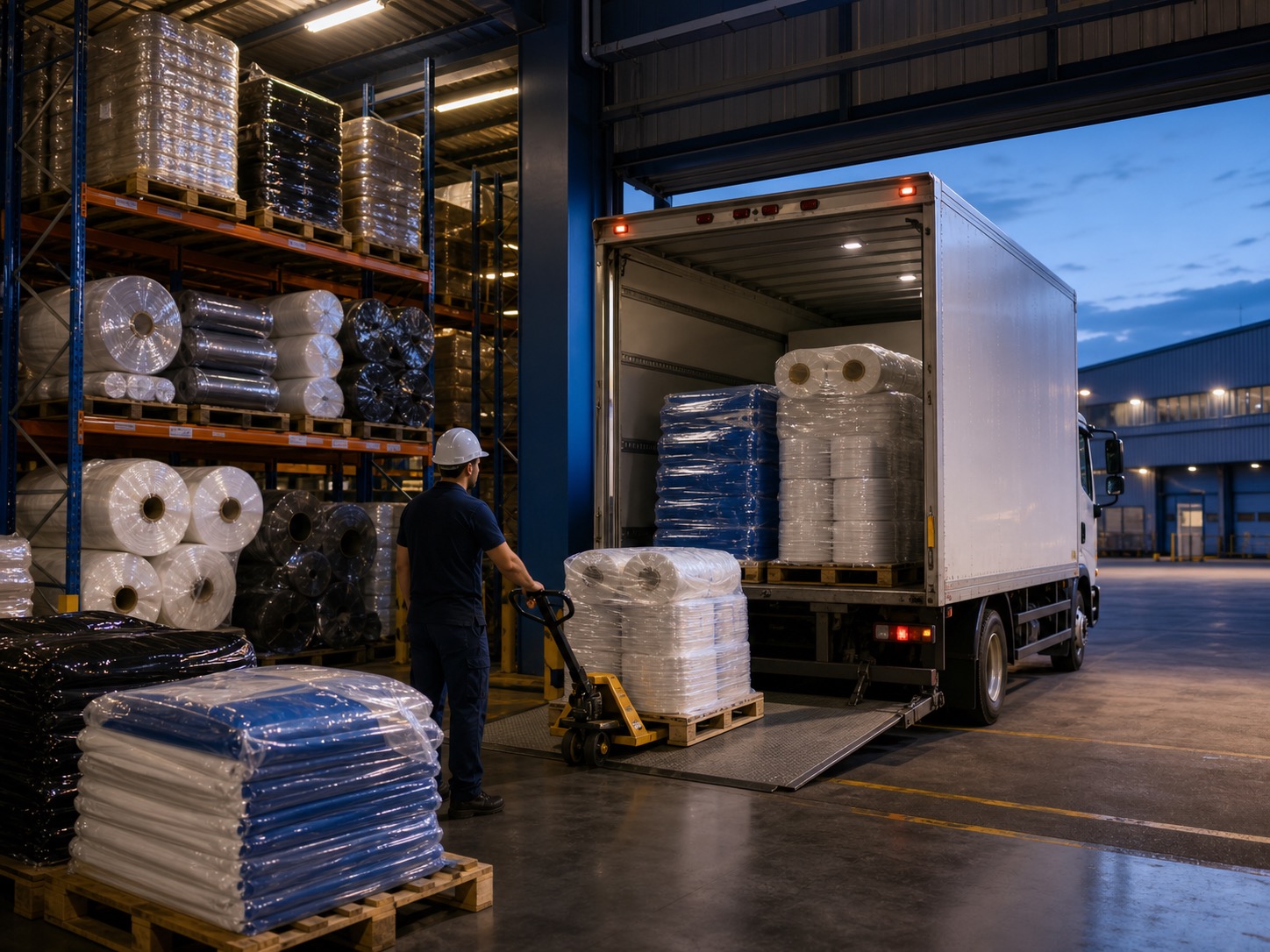 Área logística com pallets de embalagens e caminhão de entrega